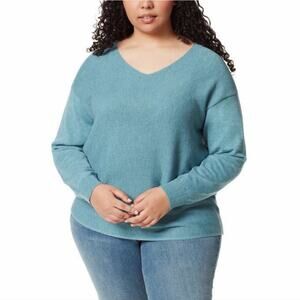 Ella Moss Sweater Size XXL Ribbed Drop Shoulder V-Neck Blue Aqua Teal NEW